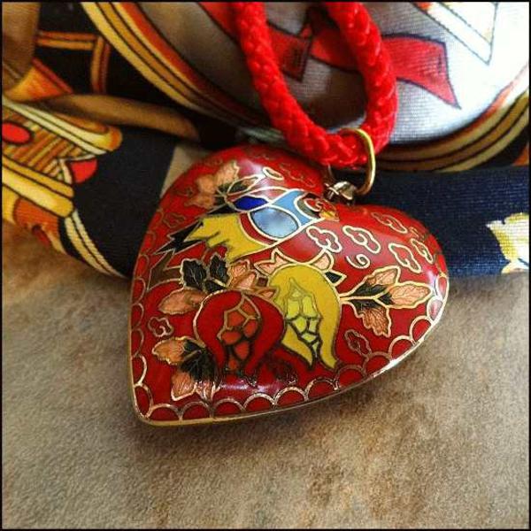 1970s Tropical Bird Red Cloisonne Vintage Heart Necklace