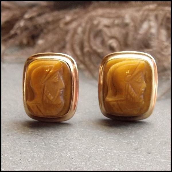1940s Krementz 12kt GF Carved Warrior Tigers Eye Vintage Cufflinks
