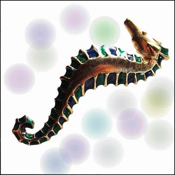 1970s Designer Signed Big Colorful Seahorse Vintage Brooch Pin