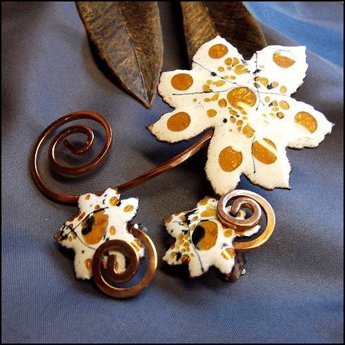 1950s Copper Enamel Leaf Pin w Earrings Signed Matisse Set