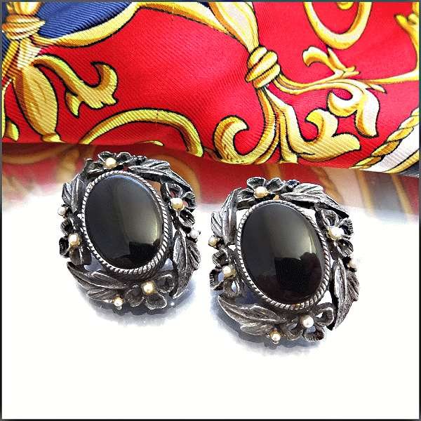 1950s Vintage Earrings Victorian Style Black Obsidian Glass w Pearls 