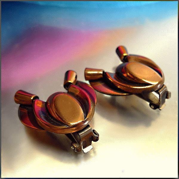 1950s Vintage Copper Earrings Modernist Style Signed RENOIR 