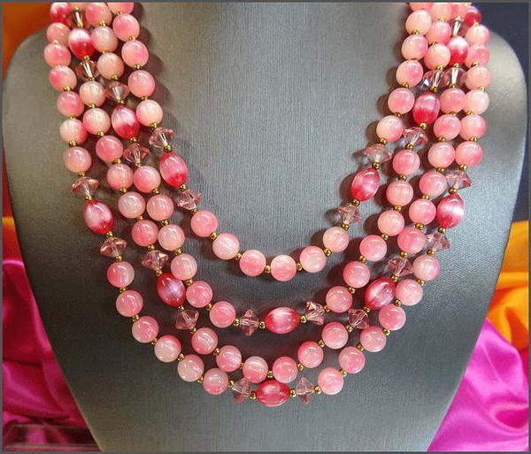 1960s Vintage LISNER Necklace 4 Strands Pink Moonstones w Crystals