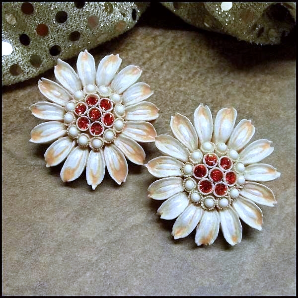 1950s Signed CORO Celluloid Rhinestone Flower Vintage Earrings