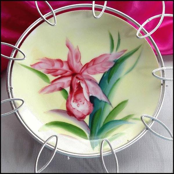 1940s Shabby Chic Hand Painted Orchid Plate w Metal Frame