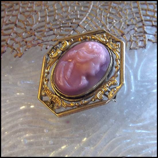19th Century Antique Cameo Lavender Pink Glass Antique Brooch