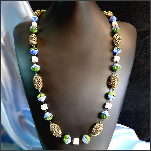 1950s Signed Hattie Carnegie Necklace New Gablonz Glass Flowers