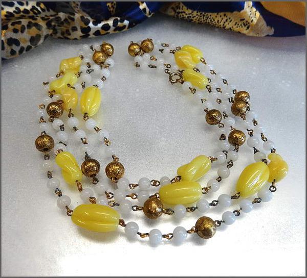 1930s RARE Czech Yellow n Opalescent Glass 24kt Gold Long Antique Necklace