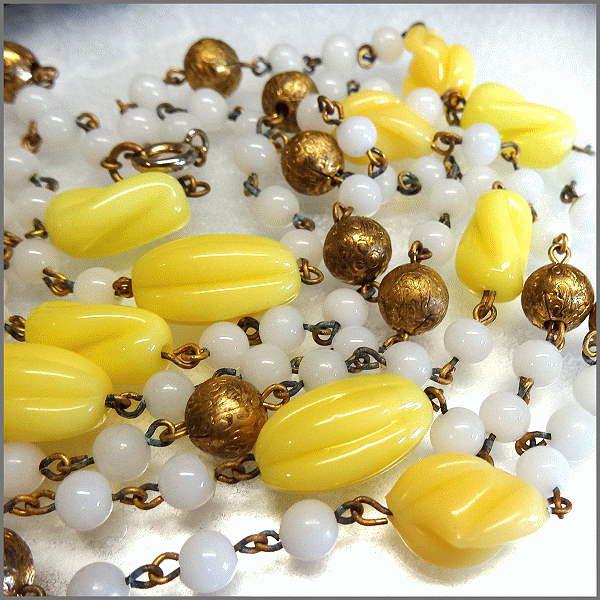 1930s RARE Czech Yellow n Opalescent Glass 24kt Gold Long Antique Necklace