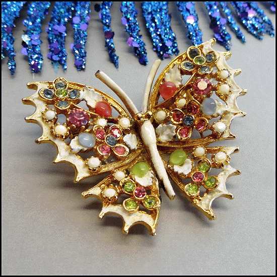 1960s Vintage Butterfly Brooch Pastel Moonstones Signed ART