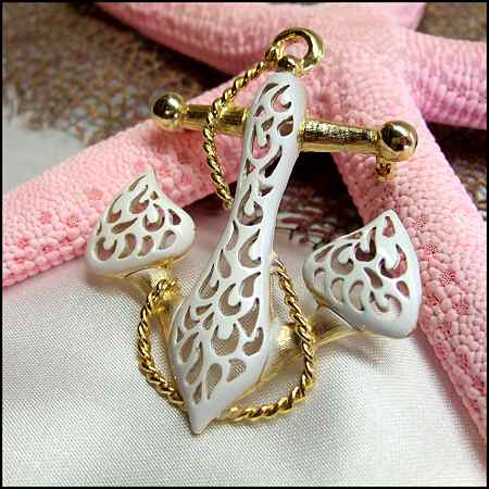 1960s Signed Jonet Big Gold n White Anchor Vintage Nautical Brooch or Pendant