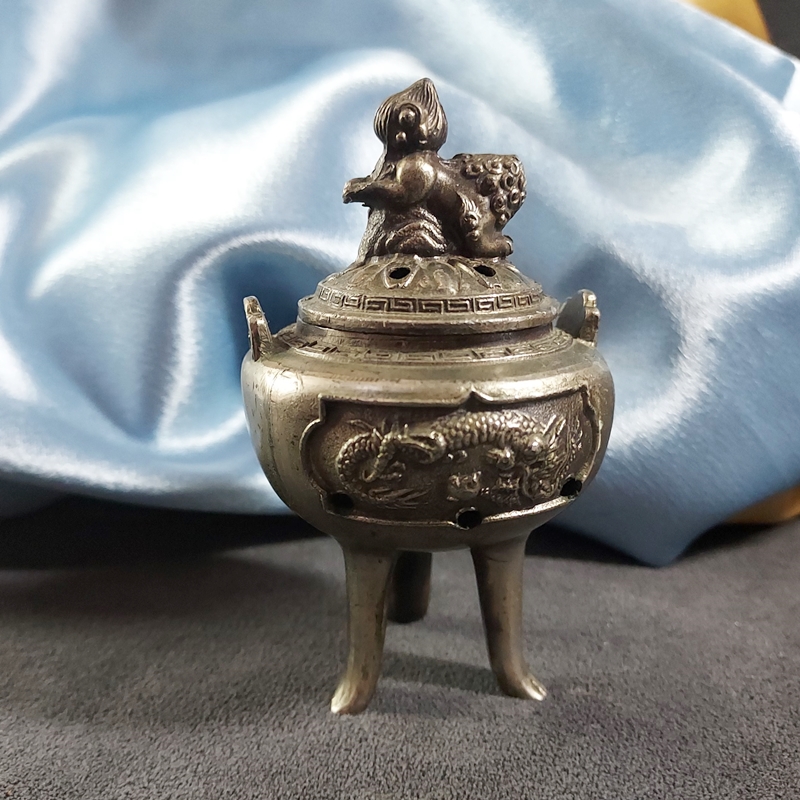 1930s Antique Chinese Foo Dog Silver Metal Incense Burner