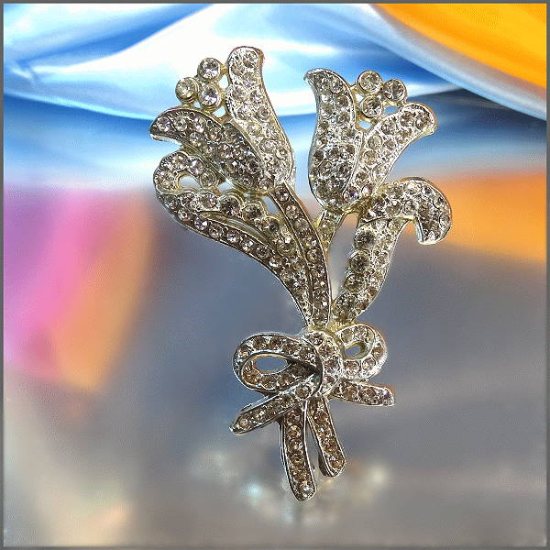 1930s Antique Brooch Big Silver Pot Metal Rhinestone Flower 