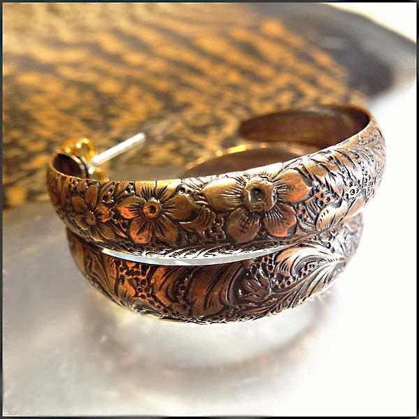 1970s Vintage Copper Hoop Earrings Patina Embossed Flowers