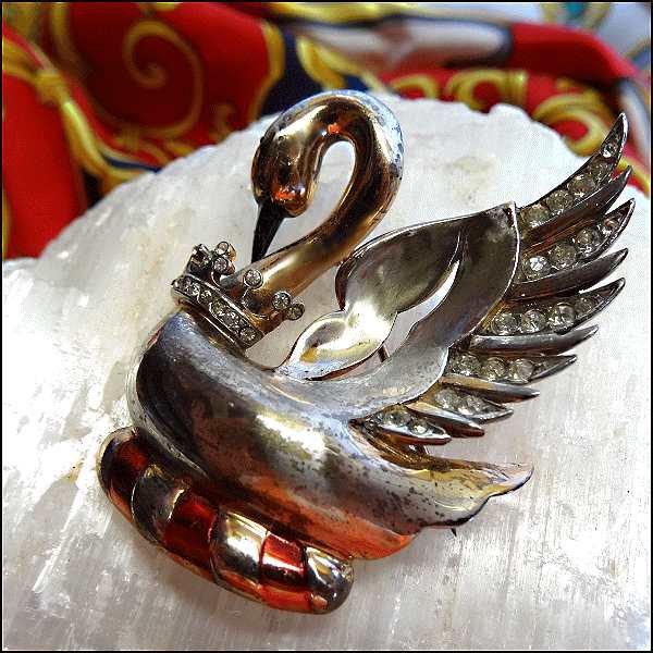 1940s Rare Sterling Gold Swan Brooch Signed REJA