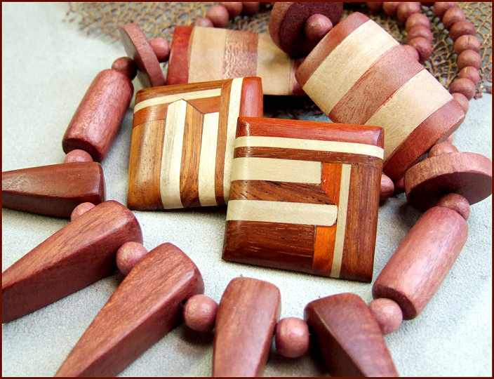 1980s Wood Bead Vintage Necklace w Earrings Teak Bamboo Mosaic Costa Rica