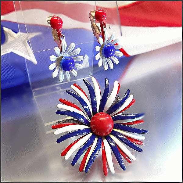 1960s Patriotic Firework Brooch w Earrings Vintage Set