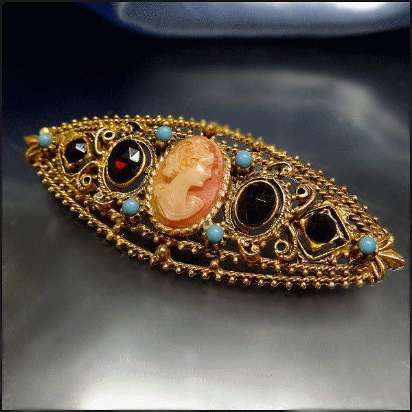 1950s Signed Florenza Ruby Crystal Antique Style Cameo Bar Pin