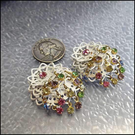 1950s Vintage Earrings Pastel Rhinestone White Filigree Flower Clips