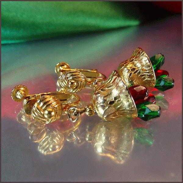 1960s Vintage Christmas Earrings Designer Rolled Gold Bells w Crystals