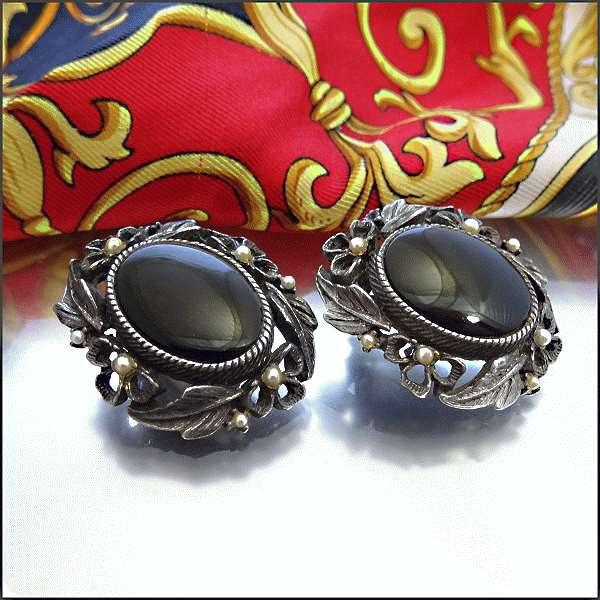 1950s Vintage Earrings Victorian Style Black Obsidian Glass w Pearls 