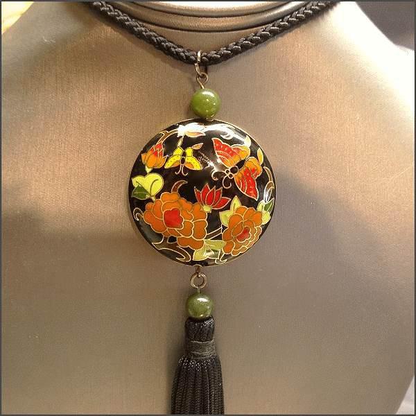 Cloisonne Tassel Necklace Puffed Butterfly Pendant w Jade Beads