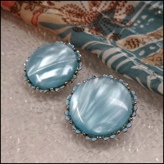 1950s Coro Vintage Clip Earrings Blue Pearl Lucite Buttons 