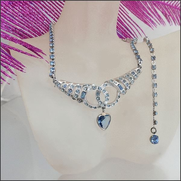 1950s Signed CORO Art Deco Silver Blue RS Vintage Collar Heart Necklace