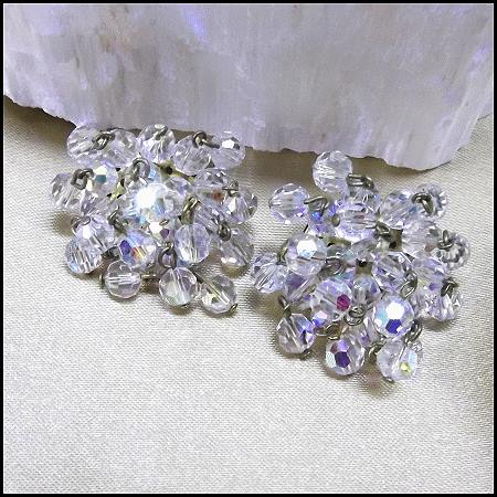 1940s Vintage Earrings Superb Austrian Clear Crystal Cluster Clip Dangles