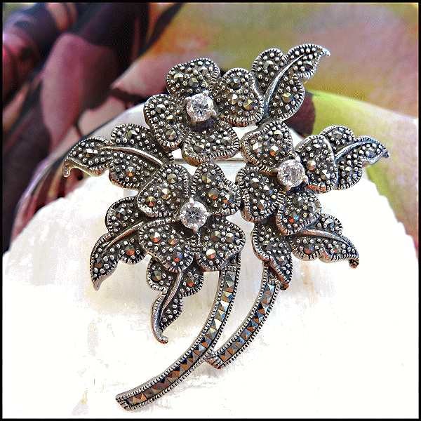 925 Sterling Silver Marcasite Big Vintage Flower Brooch