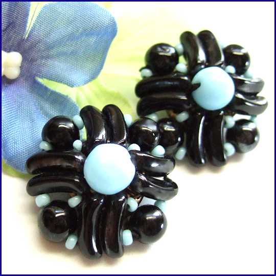 1950s Vintage Clip Earrings West Germany Black Glass Flowers 