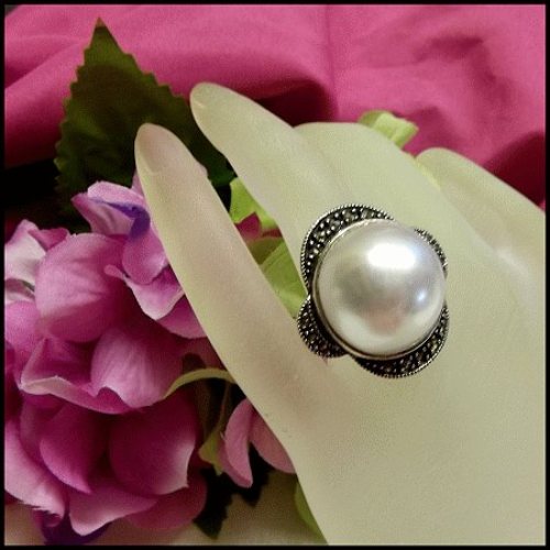 1960s Vintage Pearl Ring Sterling Silver w Marcasites Jewelry