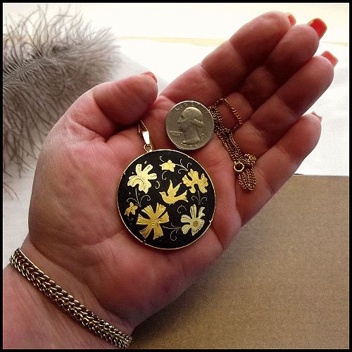 1950s Spanish Damascene Gold Bird Vintage Pendant Necklace