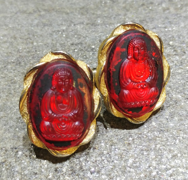 1960s Signed Swank Ruby Glass Large Buddha Vintage Cufflinks
