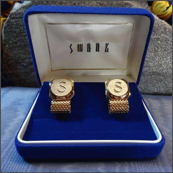 1970s Silver Gold S Monogram Vintage Cufflinks Signed Swank w Org Box