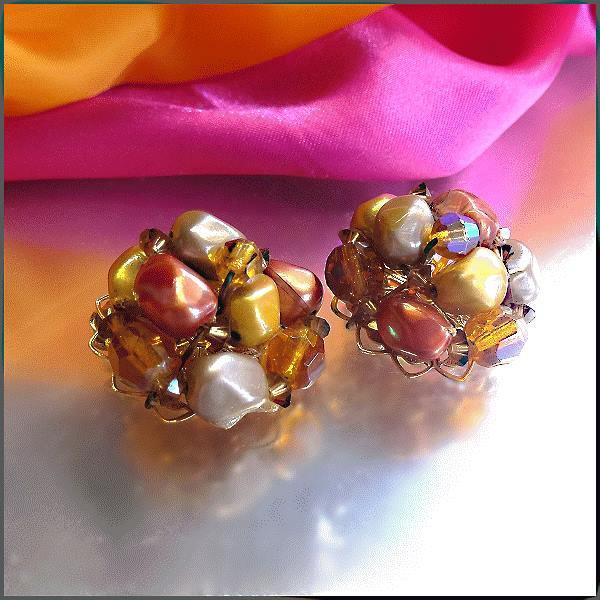 1950s Jewel Pearl Topaz Crystal Vintage Clip Earrings