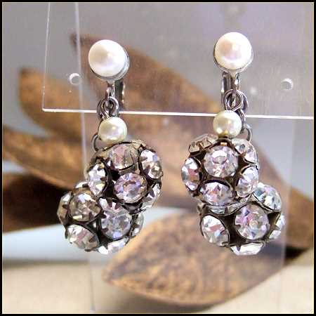 1950s Art Deco Vintage Earrings Rare Rhinestone Orbs w Pearls