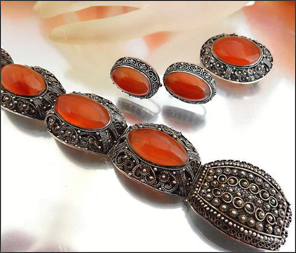 Great Antique Chinese Silver Orange Chalcedony Bracelet Earrings Brooch Ring Set 