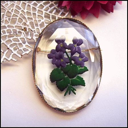 1940s Purple Violet Flower Intaglio Crystal Vintage Brooch