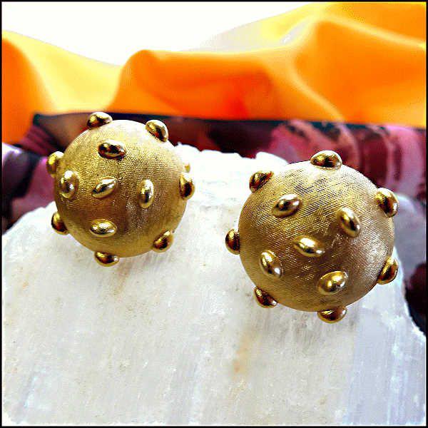 1960s Signed CROWN TRIFARI Gold Pillow Vintage Clip Earrings