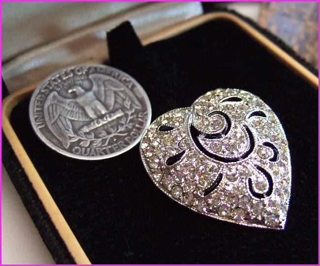 1960s Vintage Silver Heart Brooch Crystal Pin or Pendant Signed HEDY 