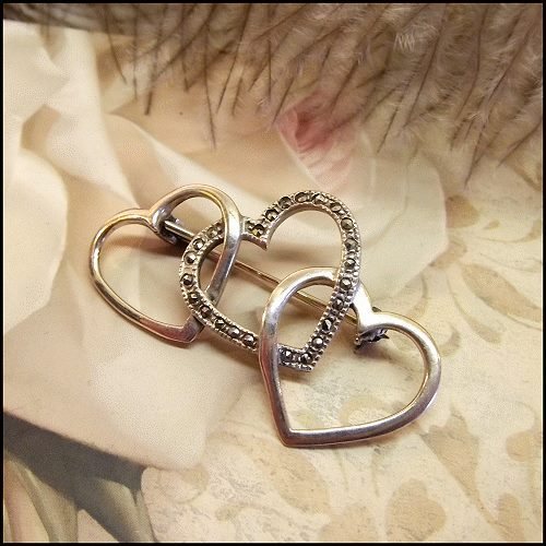 1940s Vintage Heart Pin Art Nouveau Style Sterling Silver w Marcasites 