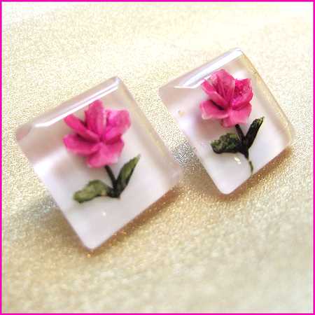 1960s Vintage Roses Pierced Earrings Pretty Pink Reverse Carved Lucite Roses