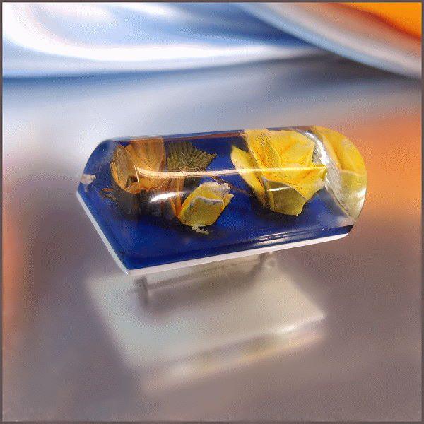 1960s Vintage Rose Pin Reverse Carved Lucite Yellow Blue Flowers