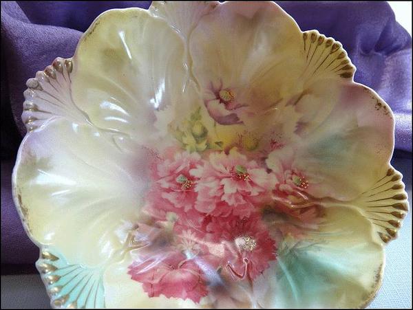 Antique RS Prussia Red Mark HP Porcelain Bowl Shell w Carnations