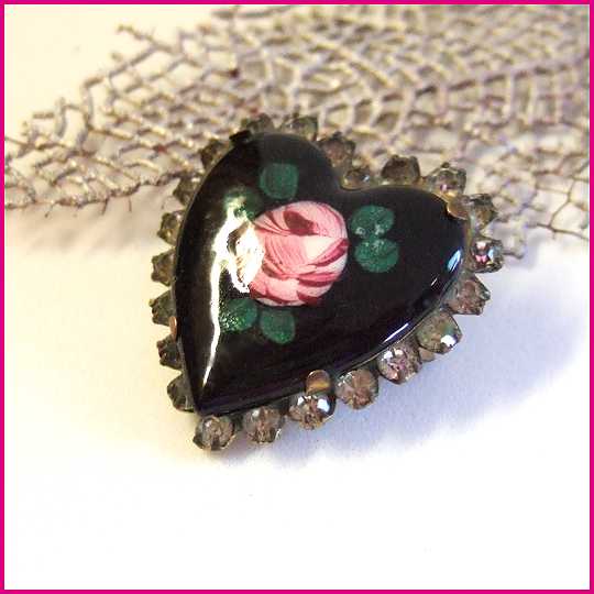 1930s Antique French Pin Heart w Guilloche Roses 
