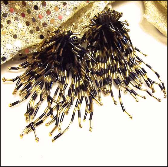 1980s Vintage Chandelier Earrings Gold n Black Glass Dangles