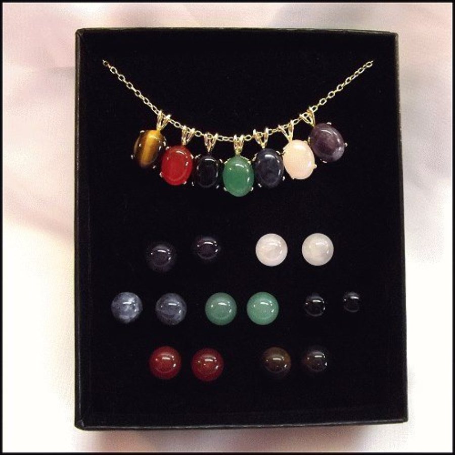 1970s Gemstone Necklace w Pierced Earrings 7 Interchangeable Gem Sets