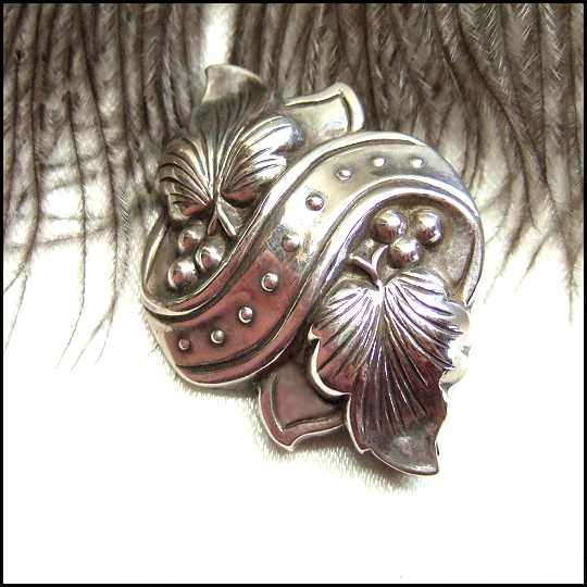 1930s Antique 925 Sterling Pin European Silver Grapes w Leaves Pendant