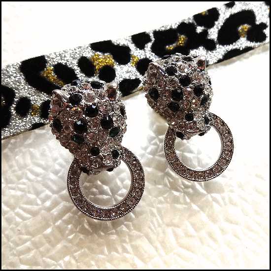 1980s Signed KJL Earrings Crystal Panthers Door Knocker Hoops